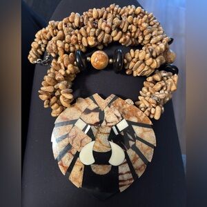 Bold Fossil Coral Statement Necklace with Lion Mosaic Pendant • Strength & Power